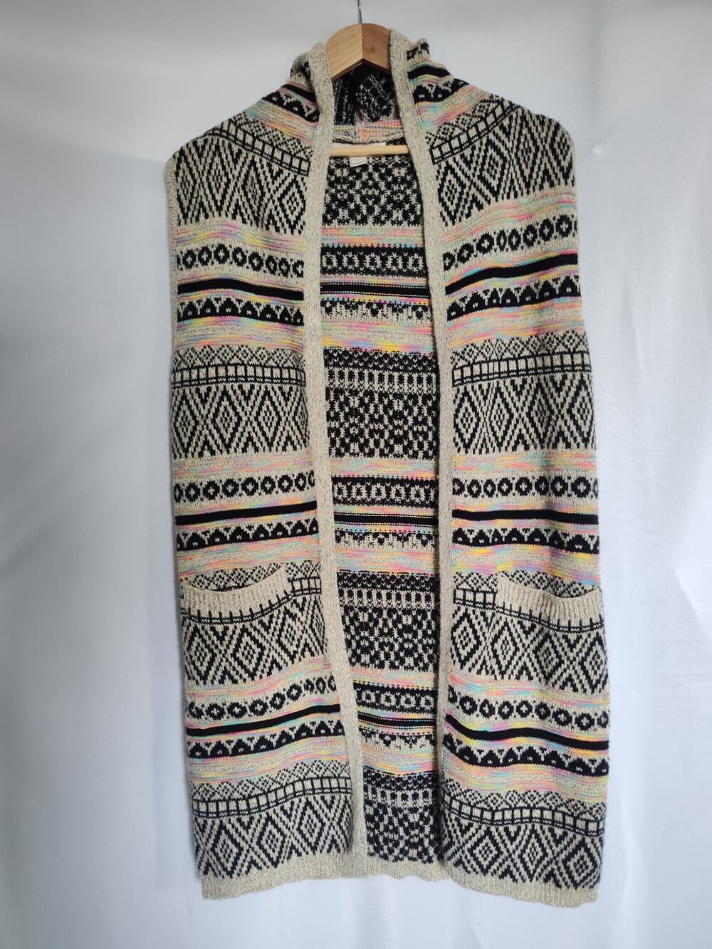 Monteau Los Angeles Fair Isle Hooded Longline Knit Sweater Vest Duster L